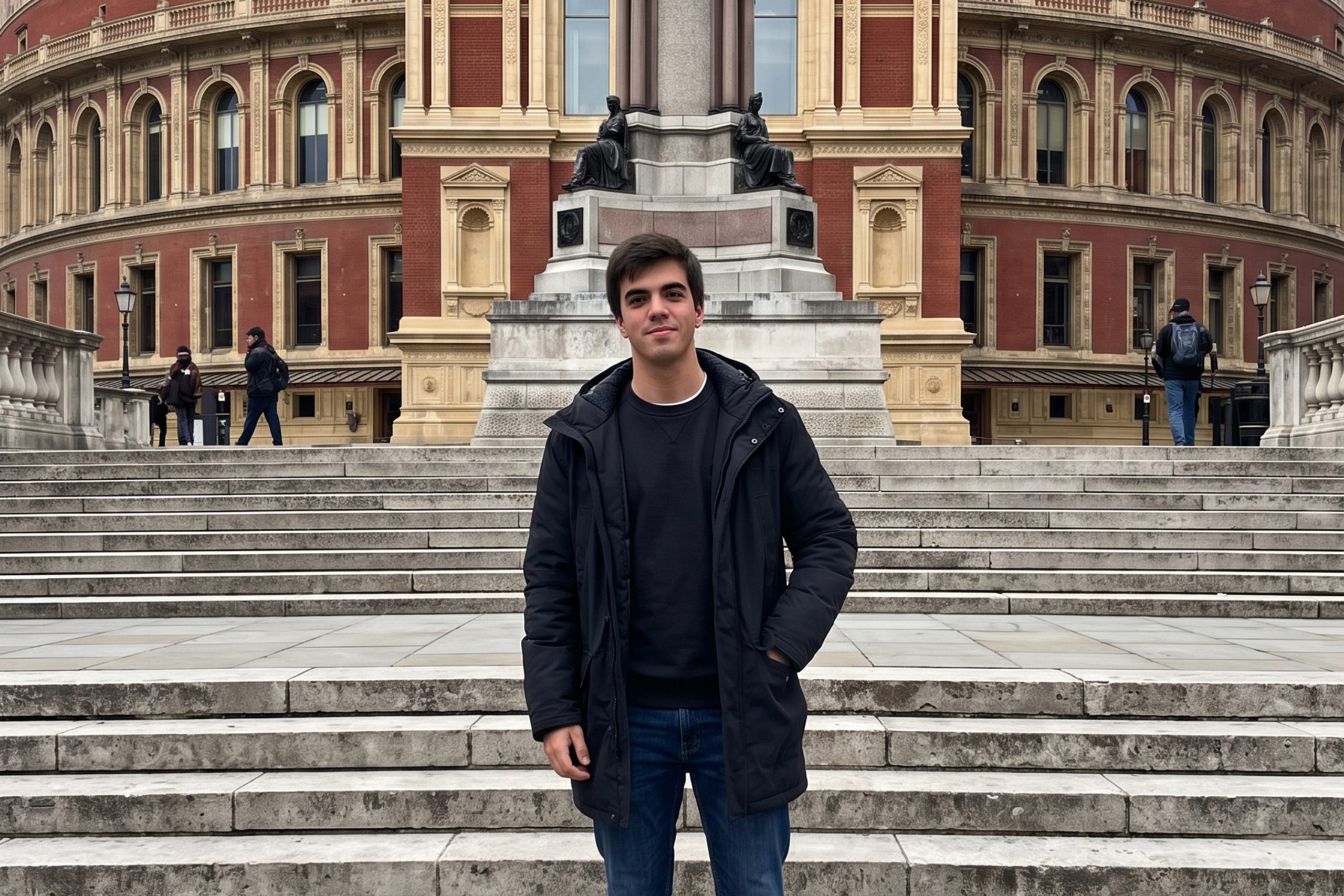 Juan Trobajo Flecha standing in front of the Royal Albert Hall. He is wearing a puffer coat with one hand in his pocket.