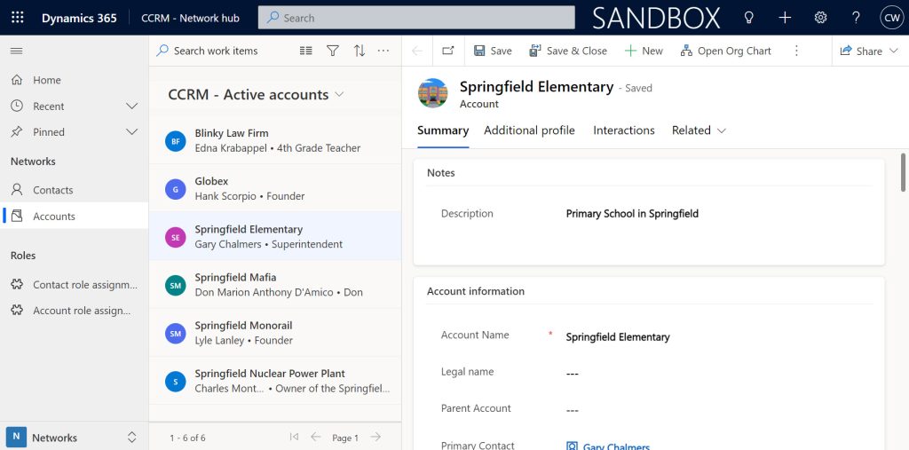 A screen shot of the 'Accounts' (i.e. Organisations) view