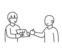 Two people one shows a graph while the other gives a thumbs up gesture