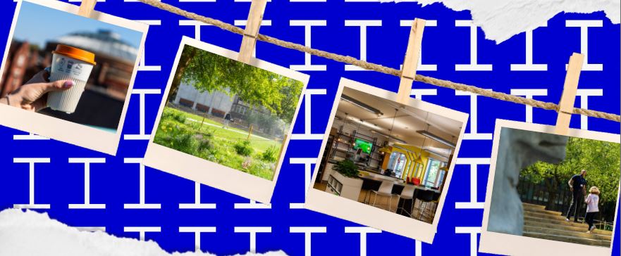 A selection of photos that Victor took includes: coffee cup, Queens Lawn, cafe, security guard 