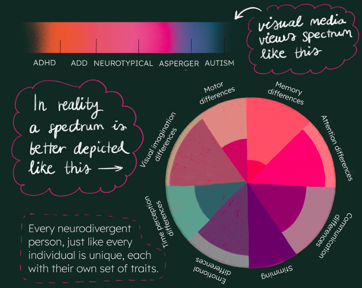 Artist visualisation of how the views of spectrum have evolved comparing a linear with with a more plastic spider plot describing differences in neurodivergent individuals can have different ways of processing information and this can change depending on the affective state of the individual.
