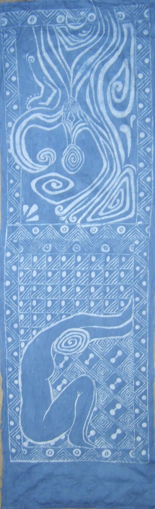 Image of a long piece of light blue fabric patterned with white.