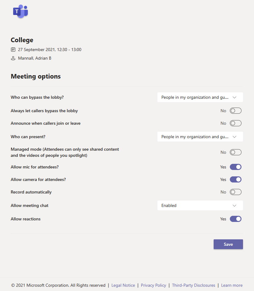 Meeting Options for a breakout room