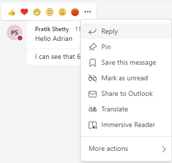 Screenshot showing the reply option in Teams chat