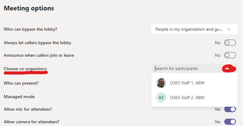 Screenshot of meeting options for selecting co-organiser
