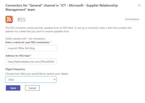 Screenshot showing the details for configuring the Office 365 blog RSS feed