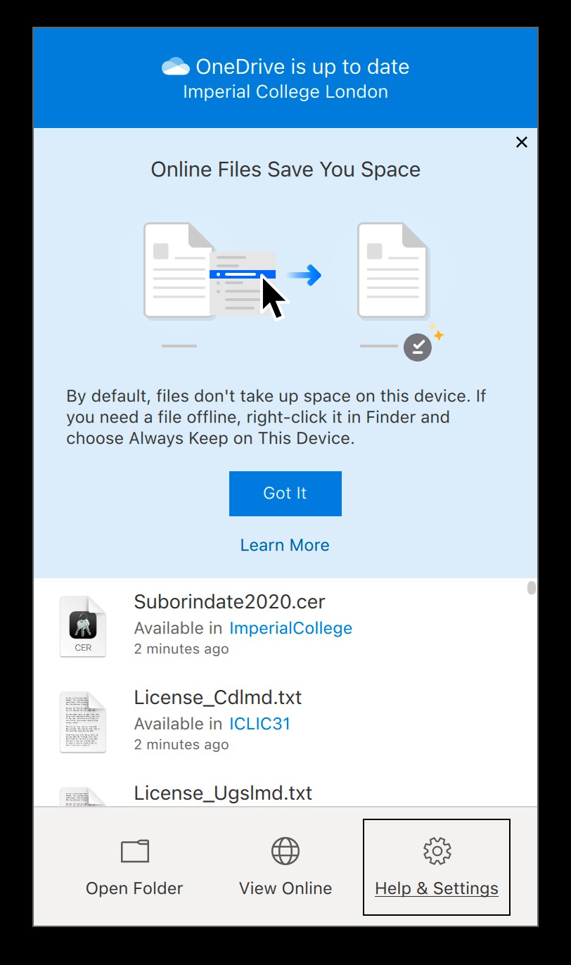 Screenshot of new OneDrive syunc client and notification of changes