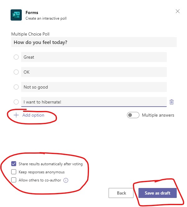 Screenshot showing how to create a poll question with multiple answers