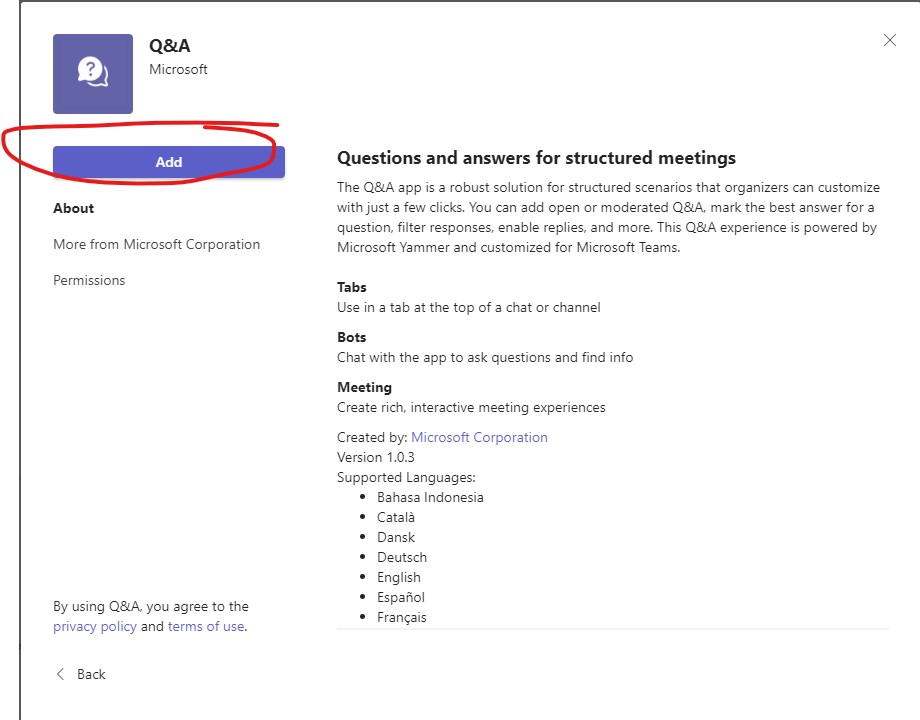 Screenshot showing how to add the Q&A app