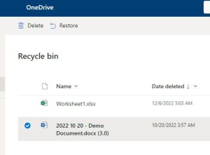 Screenshot showing how to restore a file or file version from the recycle bin
