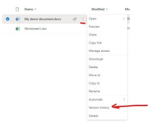 Screenshot showing how to find version history for a file on OneDrive for Business