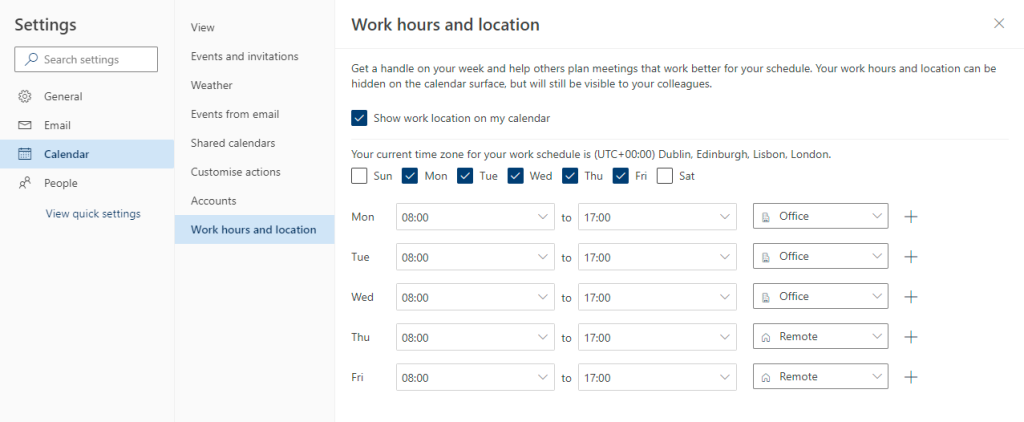 Screenshot showing setting of work hours and locations in Outlook Web Access