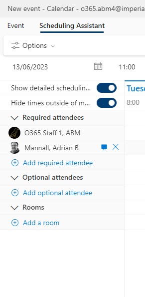 Screenshot showing what others see when using the scheduling assistant in Outlook Web Access and where a user has work location set