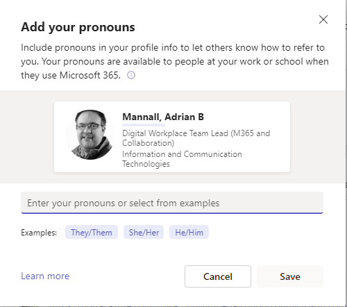 Screenshot showing how to set the pronouns of your choosing