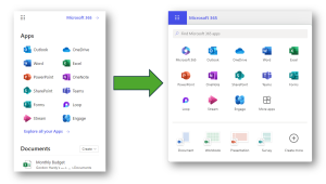 Picture showing the changes from the old launcher to the new launcher in Microsoft 365
