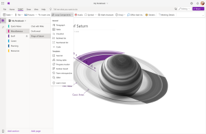 Screenshot showing how to insert loop components into OneNote for Web