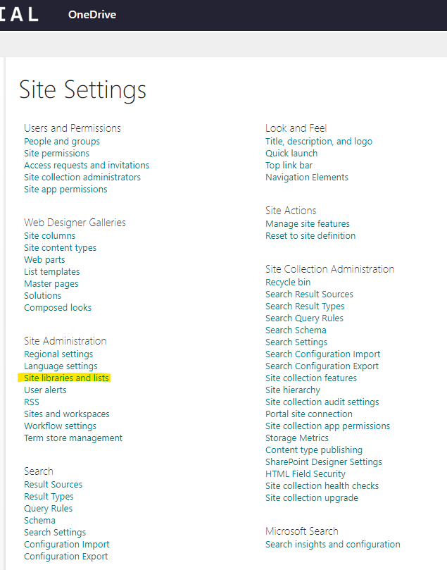 Accessing the site libraries and lists settings