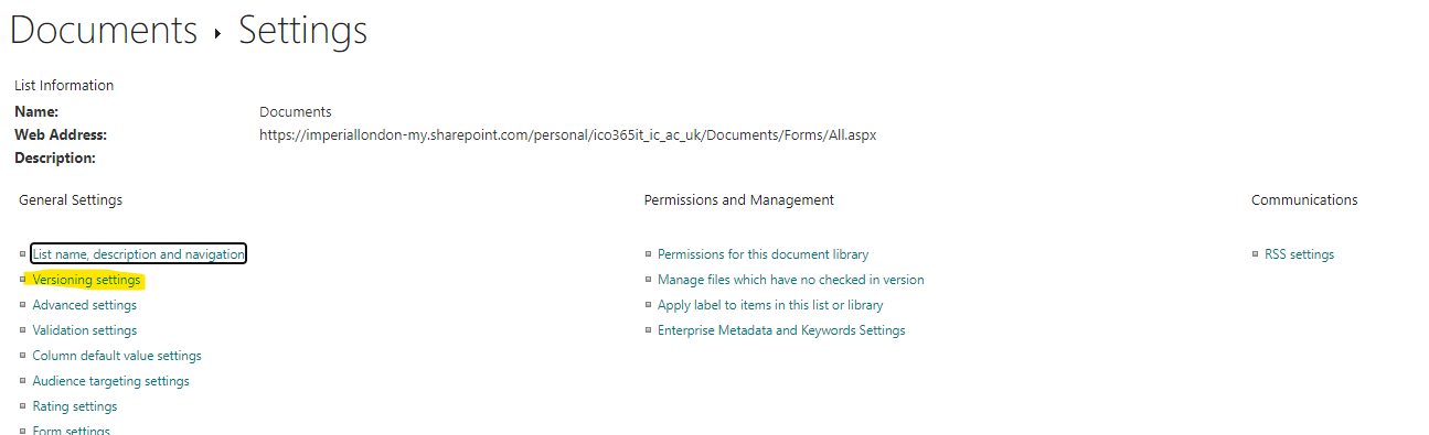 Finding the Versioning settings