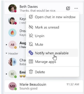 Screenshot showing how to set the "notify when available" option in MS Teams.