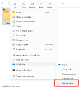 Screenshot showing the menu to change folder colours in OneDrive within the Windows File Explorer