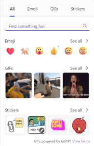 Screenshot showing the simplified emjoi, GIF and sticker picker now available in MS Teams