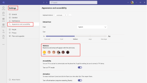 Screenshot showing how to set the skintone within the Settings in MS Teams