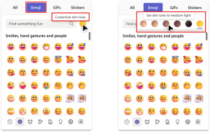 Screenshot showing how to set skintone within the emojis element of Teams reactions