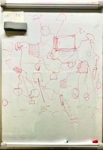 Ella's illustration of what a multimedia quilt would look like on the white board. Different parts scattering around and linked with strings
