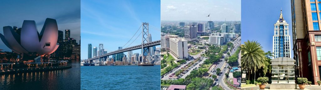 Collage of cityscapes representing Imperial’s global hubs, including Singapore, the USA, India, and West Africa.