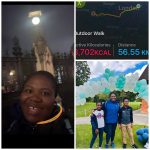 A collage image featuring Dr Gifty Tetteh standing in front of the Big Ben tower, a screenshot of a 56.55km walking route map, and Dr Tetteh and her children standing under a balloon arc.