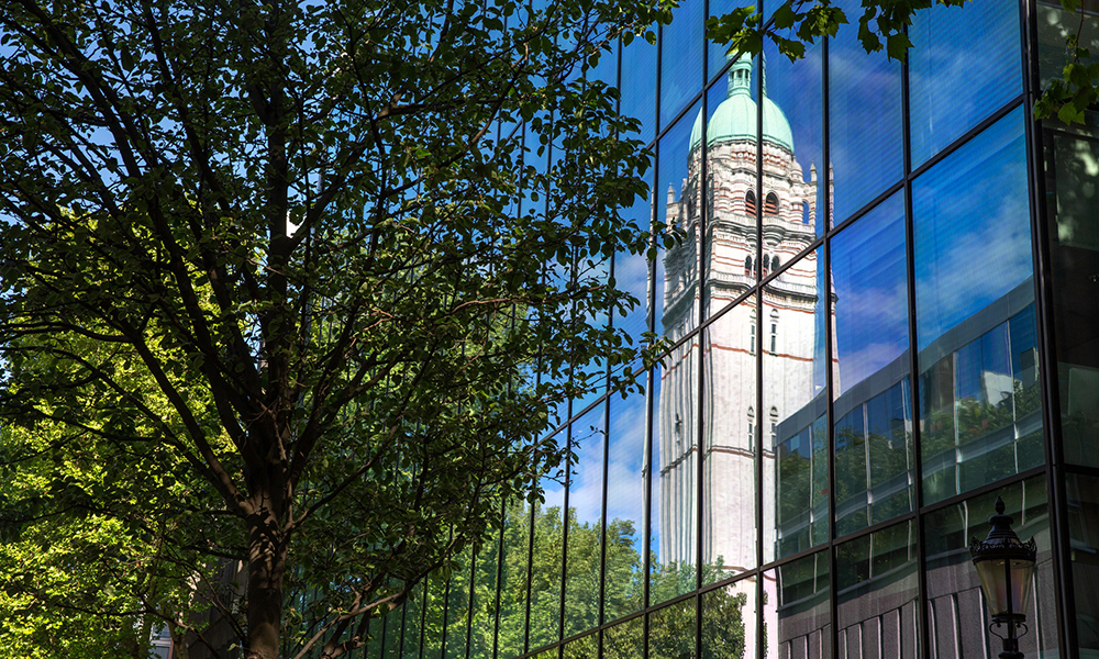 Reflection of Queen's Tower at Imperial's South Kensington Campus