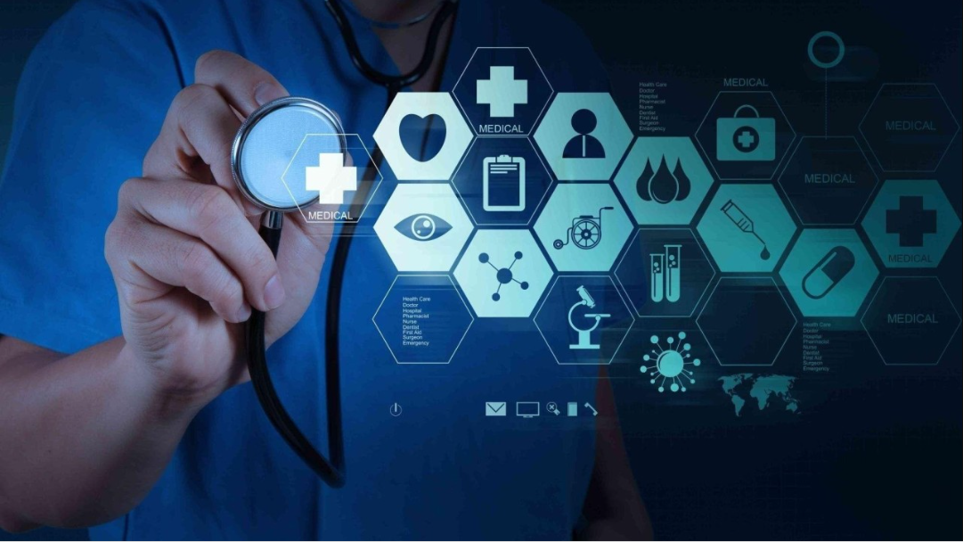 Blue graphic in the foreground made of medical symbols and a person in scrubs holding a stethoscope up to it