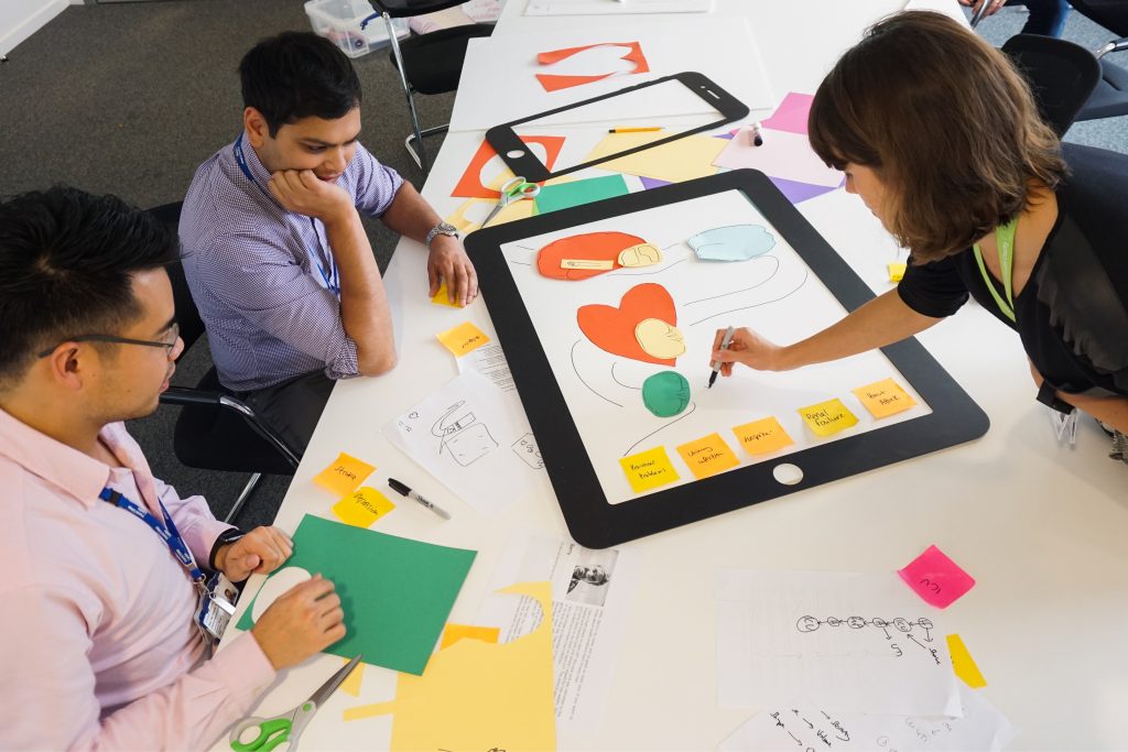 A healthcare and design team drawing on paper