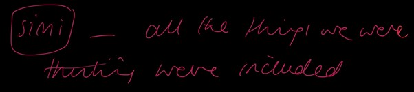 Pink handwriting on a black background says: Simi - all the things we were thinking were included