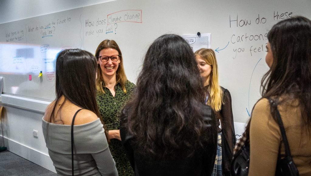Sophie Pieters, JATP Lead, and Holly Merton, JATP trainee, chatting with the sixth formers. Credits: Rolando Charles