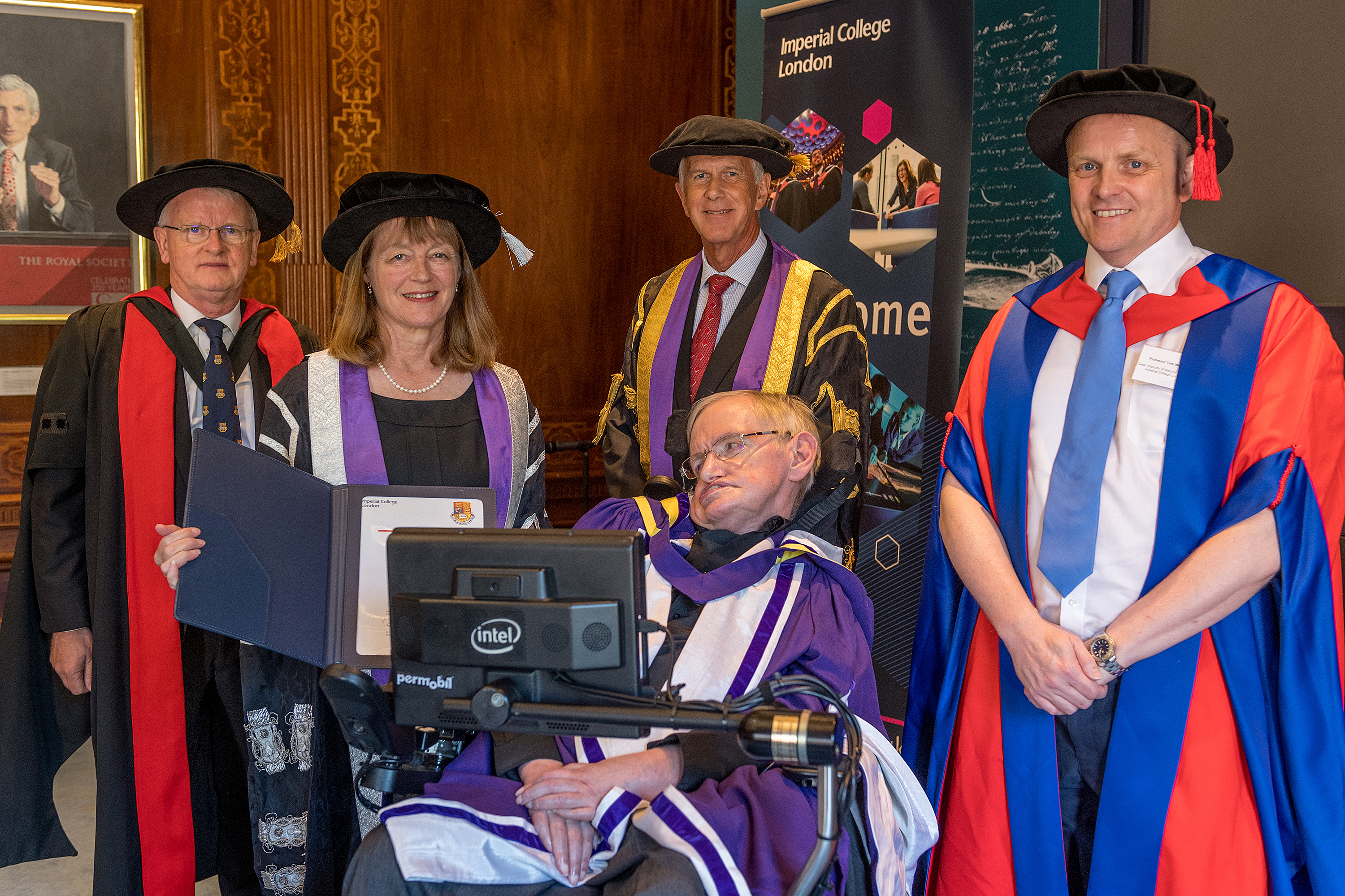 World renowned scientist Professor Stephen Hawking receiving his honorary doctorate from Imperial President Alice Gast in July 2017. Photography by Fergus Burnett