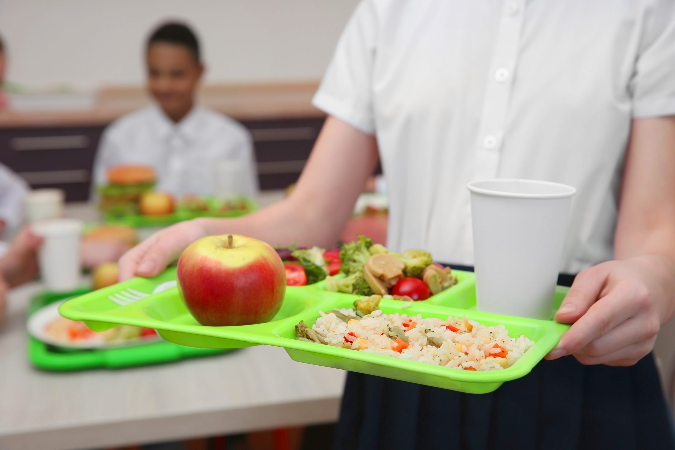 Girl holding tray of food in school canteen