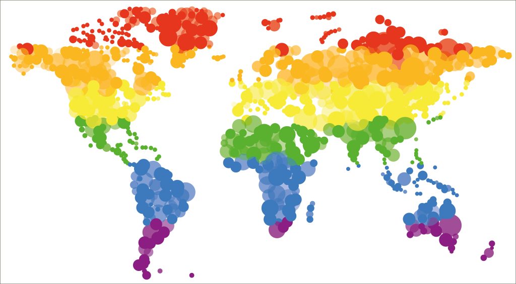 Map of the world made of circles of different sizes in colors of LGBT rainbow pride flag isolated on white