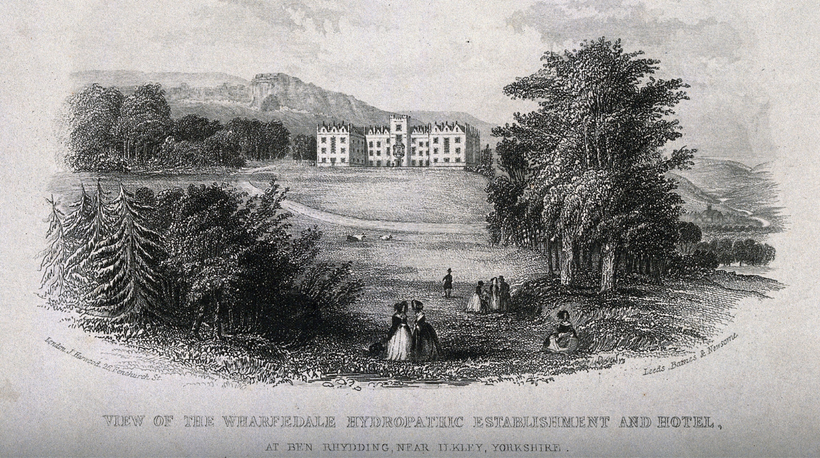 The Wharfedale hydropathic establishment and hotel (Ben Rhydding) with surrounding grounds. Etching, ca. 1860. Wellcome Collection. Source: Wellcome Collection.