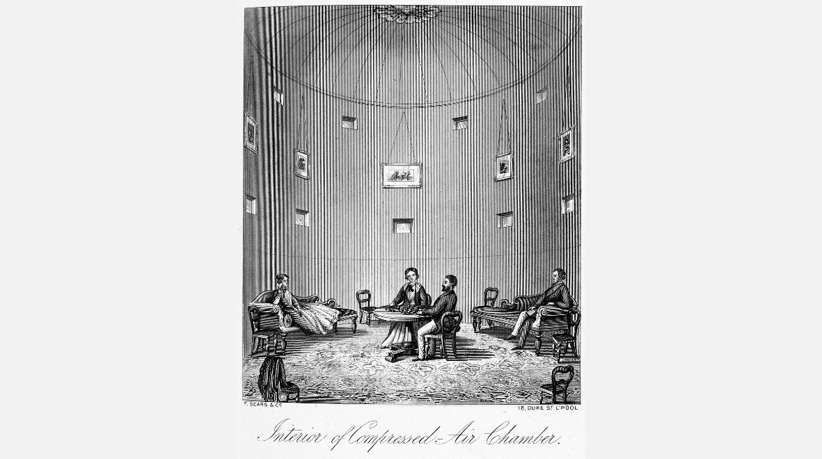 The interior of Malvern’s compressed air-bath as depicted in Ralph Barnes Grindrod’s Malvern: Its Claims as a Health Resort (1871). Wellcome Collection.