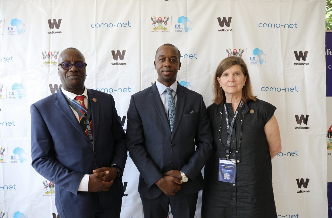 Dr Charles Ayume (middle) with Prof Alison Holmes and Dr Andrew Kambugu, who joined the panel discussion and shared his expertise as a medical doctor and a member of the Uganda parliament 