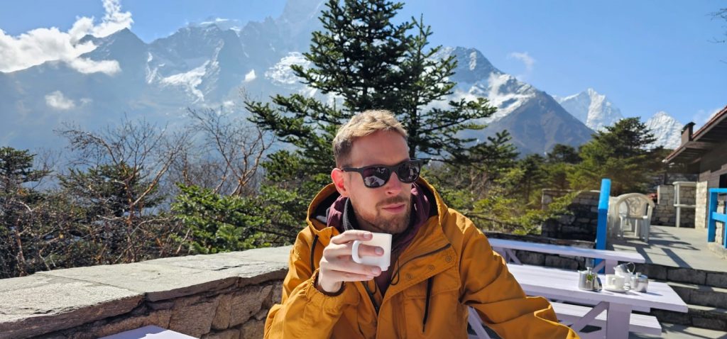 Lewis having coffee in the ‘Hotel Everest View’ previously listed in the Guinness Book of World Records as the Highest Placed Hotel in the world at 13000ft.