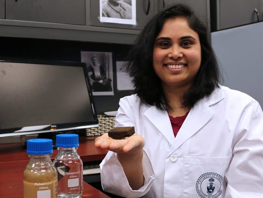 Pavani Cherukupally in the lab, with the clean water sponge technology she developed