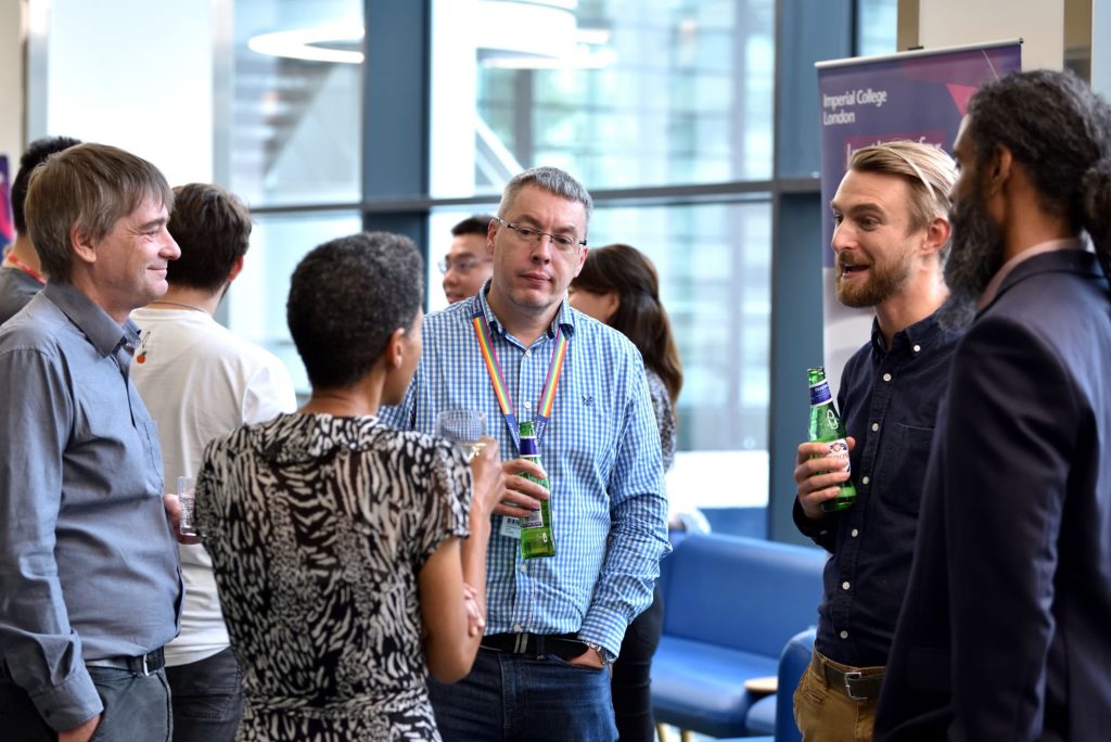 Sossina Haile talking to members of the audience at the drinks reception after the 2022 IMSE annual lecture