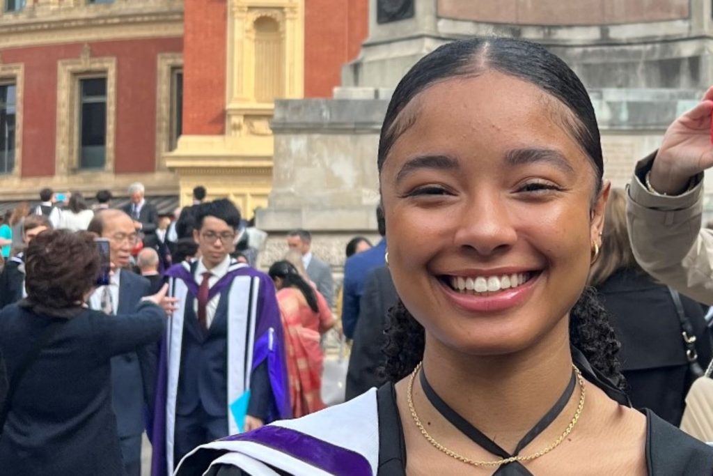 Jessica Govey-Scotland outside the Royal Albert Hall on her graduation day from the IMSE MRes