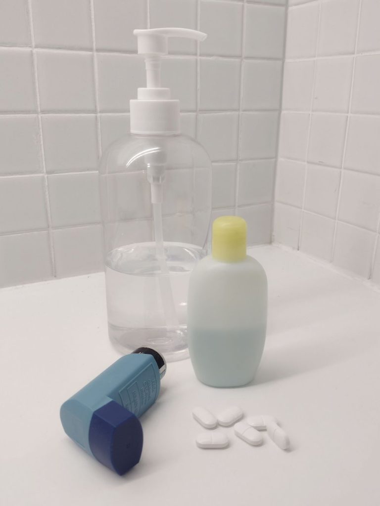 Examples of formulations from medicine and the home: an asthma inhaler, white tablets, hand sanitizer gel and shampoo. 