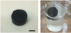Black hydrogel tablet on its own and in a glass container filled with water