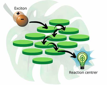 Illustration showing excitons transported randomly stepping from chlorophyll to chlorophyll to get to the reaction center. Image Credit: Ilamaran Sivarajah 