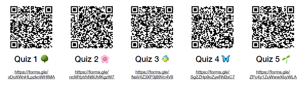 Five QR codes for each of the quiz questions