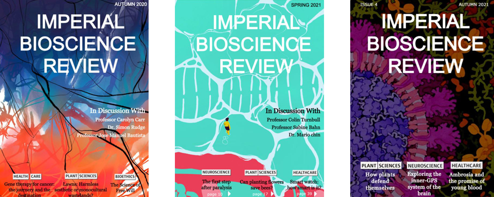 A collage of three of the Imperial Bioscience Review magazine covers